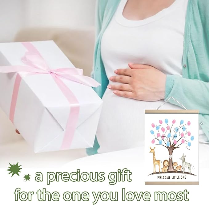 QZCYU Gender Reveal Party Decorations, Gender Reveal Fingerprint Tree with Safari Animals, Baby Shower Guest Book, Canvas Thumbprint Hanging Paintings