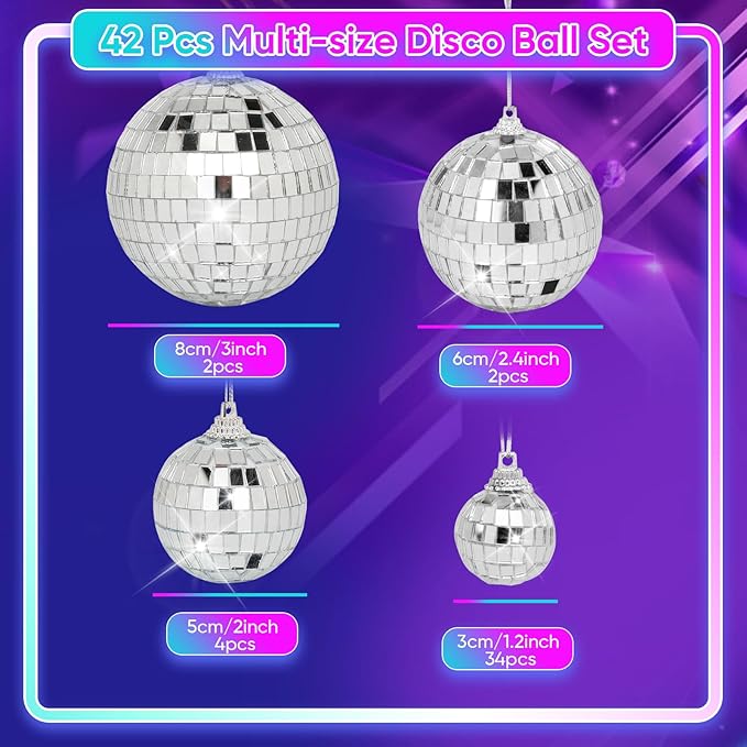 Mini Mirror Disco Ball Ornaments: Hanging Disco Ball Silver Party Decorations Set 42 Pack - Small Mirror Balls Decor for Wedding Christmas Birthday Cake Topper (1.2/2/2.4/3 Inch)
