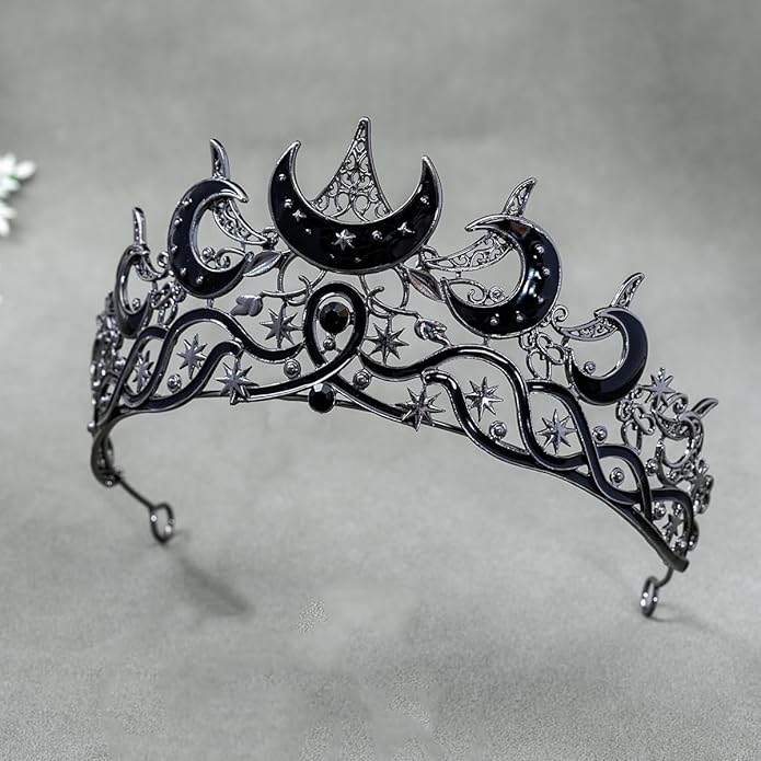 Gothic Black Moon Star Tiara Crown for Women Girls, Retro Celestial Witch Headpiece with Crescent Moon and Stars, Costume Cosplay Halloween Party Prom Wedding Birthday Accessories