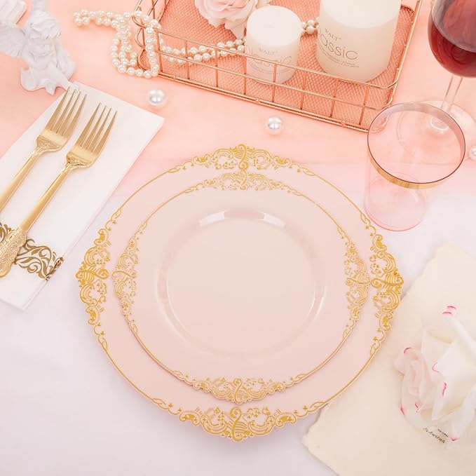 Morejoy 175pcs Pink Plastic Plates - Pink and Gold Disposable Plates, 10.25 inch Plastic Dinner Plates, Perfect for Wedding & Party & Holiday