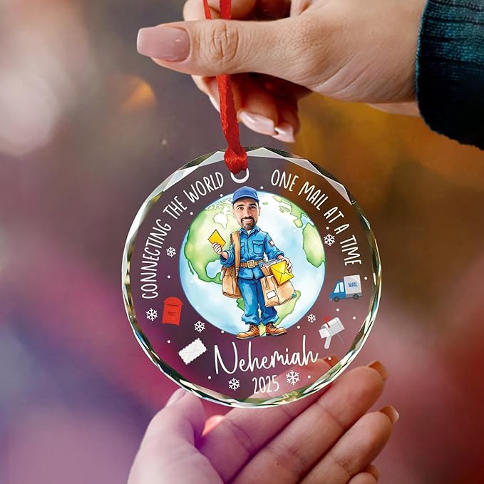 Personalized Photo Face Mailman Christmas Ornament 2025, Connecting The World One Mail at A Time Glass Ornament Gifts for Postal Worker, Custom Photo Name Mail Carrier Xmas Tree Hanging Ornaments