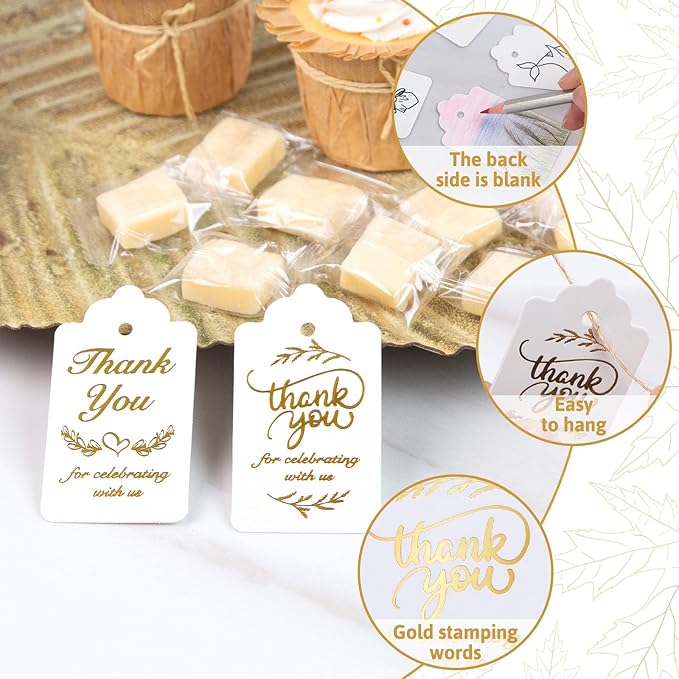 SallyFashion 100PCS Gold Stamp Gift Tags with Strings - White Paper Tags Hanging Labels for Wedding, Bridal Party, Baby Shower, Invitation, Thanksgiving