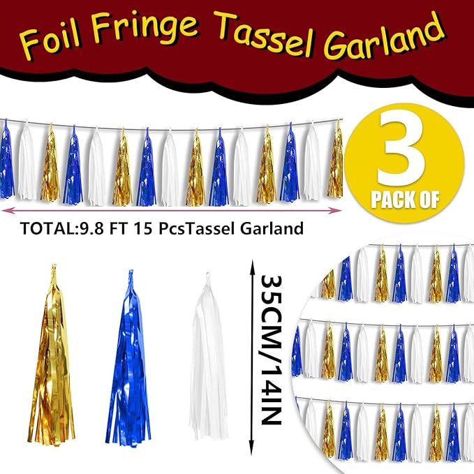 3P Metallic Fringe Tassel Banner Garland Foil Tinsel Streamer Wall Hanging Curtain Backdrop Banners for Parade Floats Birthday Party Graduation Retirement Party Decorations(Navy-Blue White and Gold)