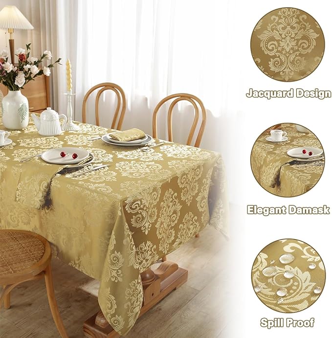 Damask Gold Tablecloth for Rectangle Tables 52 x 70 Inch, Floral Jacquard Spill Proof Washable Polyester Table Cloth, Soft Table Cover for Dining/Party/Wedding/Indoor/Outdoor