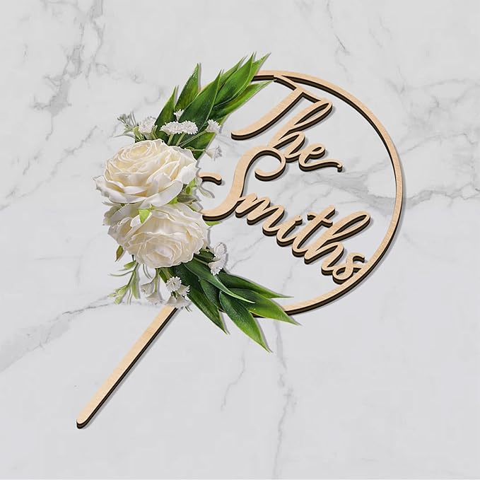 3D Flowers Wedding Cake Topper Custom Last Name Wedding Cake Decoration in Wood with 3D Artificial Roses
