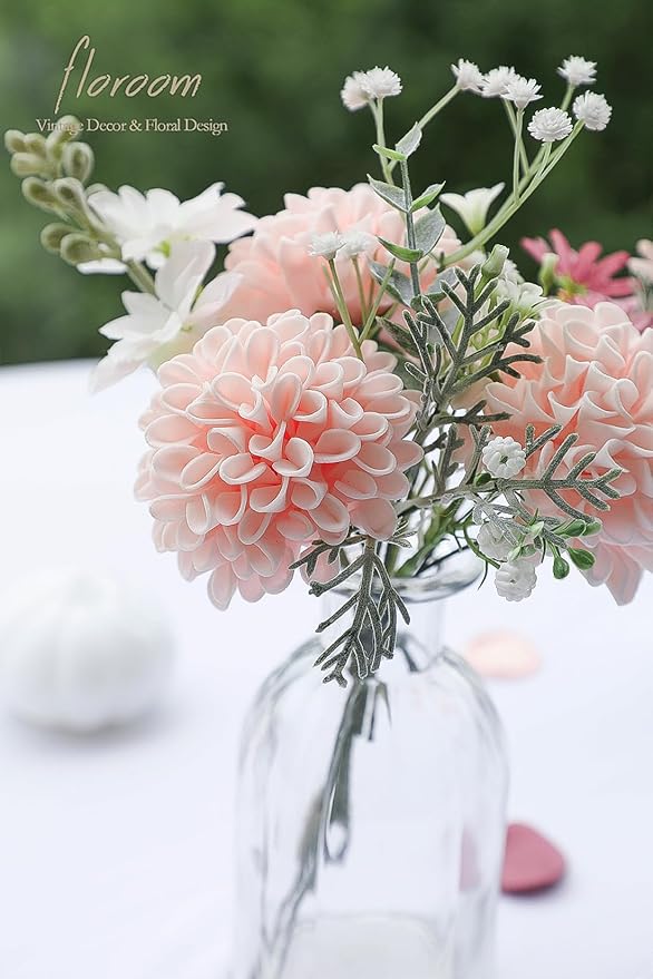 Floroom Artificial Dahlia Flowers 25pcs Real Looking Blush Foam Fake Roses with Stems for DIY Wedding Bouquets Pink Bridal Shower Centerpieces Floral Arrangements Party Tables Home Decoration