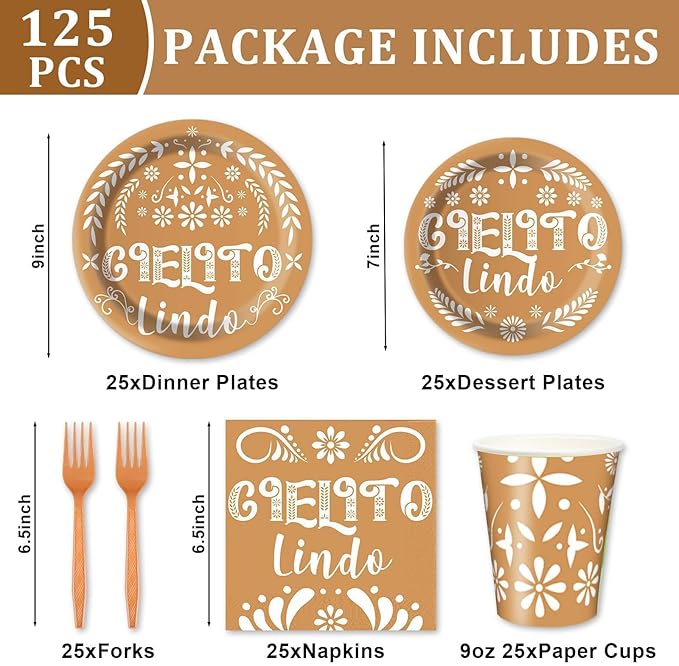 Cielito Lindo Baby Shower Party Plates and Napkins Decorations Kit,Mexican Theme White Talavera Tableware Supplies for Birthday Baby Boy Girl Shower Party Decor Service 25 Guests