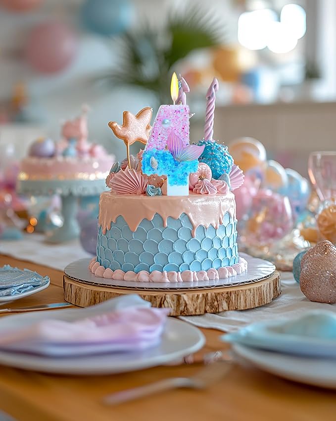 Mermaid Themed Birthday Candles, Number 4 Girls Glitter Birthday Party Supplies,Anniversary Party Decor,2.87 inch Cake Topper Decorations (Mermaid Themed, Number 4)