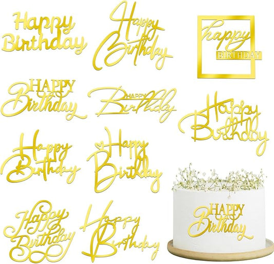 10 PCS Gold Birthday Cake Topper Mirror Acrylic Happy Birthday Cake Toppers Double-Sided Dessert Decorations for Girls Women's Party Supplies Cake Charm Supplies for Birthday Party
