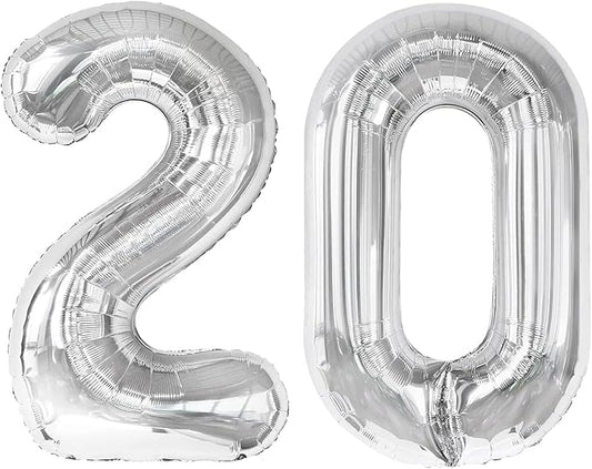 Silver 40 Inch 20 Number Balloons, 20 Decorations for 20 Birthday, Foil Giant Birthday Graduations Anniversary Party Balloons