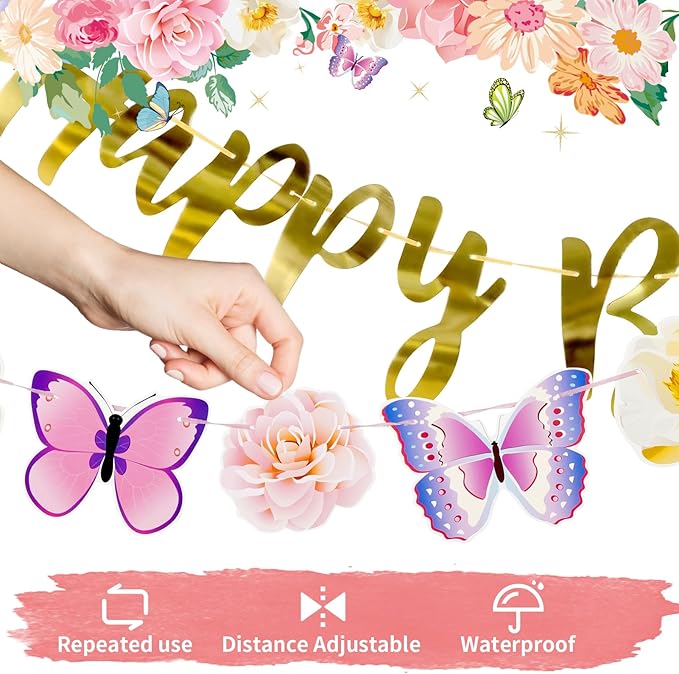 SUNBEAUTY Butterfly Happy Birthday Banner Butterfly Birthday Garden Party Decorations Fairy Party Decoration Summer Flowers Banner | Pre-Strung