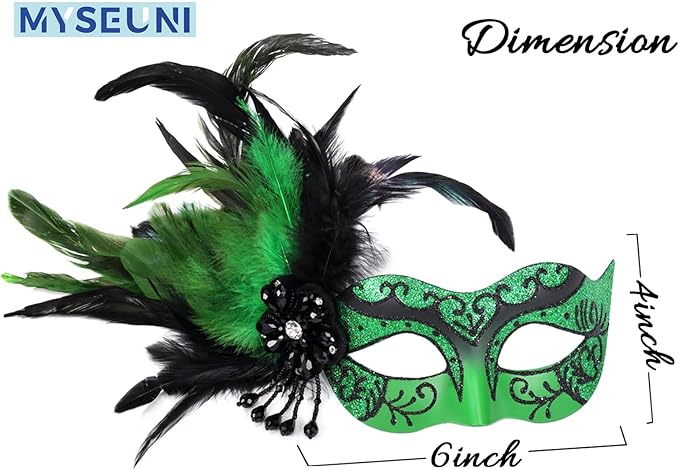 2025 New Green Masquerade Masks for Women with Feathers - Mardi Gras Masks for Women - Mascarade Venetian Mask for Masquerade Party, Halloween Cosplay Prom, Christmas,Birthday