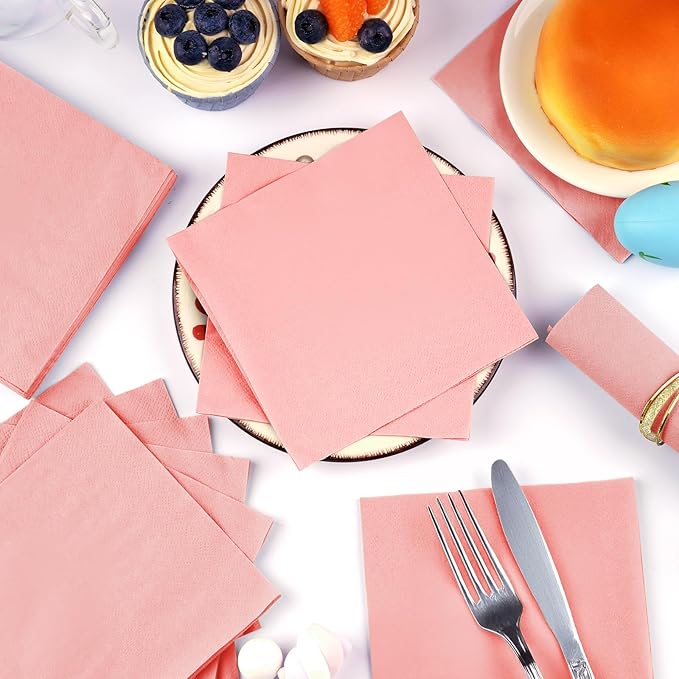 100 Pack Cocktail Napkins Disposable, 2-Ply 5" x 5" Party Napkins, Square Beverage Dinner Napkin for Wedding Birthday Party Anniversary Reception Bar Event (Pink)