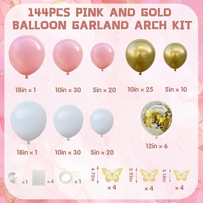 Pink and White Balloon Arch Kit -144Pcs Pink and Gold Balloon Garland Include 3D Butterflies Pink White and Gold Balloons for Wedding Bridal Shower Princess Party Girl Birthday Baby Shower Decorations