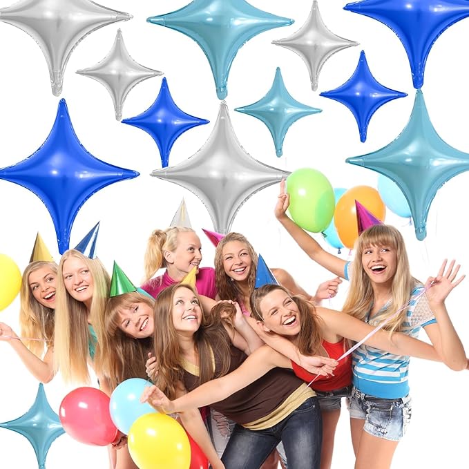 Blue Silver Star Balloons,12Pcs Four Angle Star Foil Balloons,26Inch and 10Inch Blue Silver Quadrangle Helium Balloon for Birthday Anniversary Party Decorations