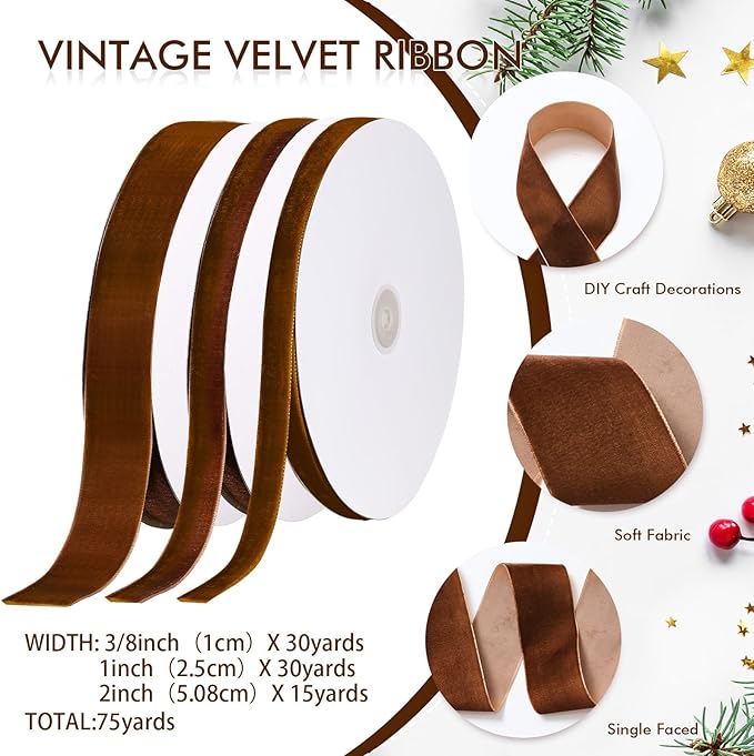 Yilloog 90 Yards Christmas Velvet Ribbon Vintage Satin Fabric Velvet Ribbon Roll for Christmas Tree Ornaments Decoration Gift Wrapping Bow DIY Crafts(Brown,3/8 Inch/ 1 Inch/ 2 Inch)