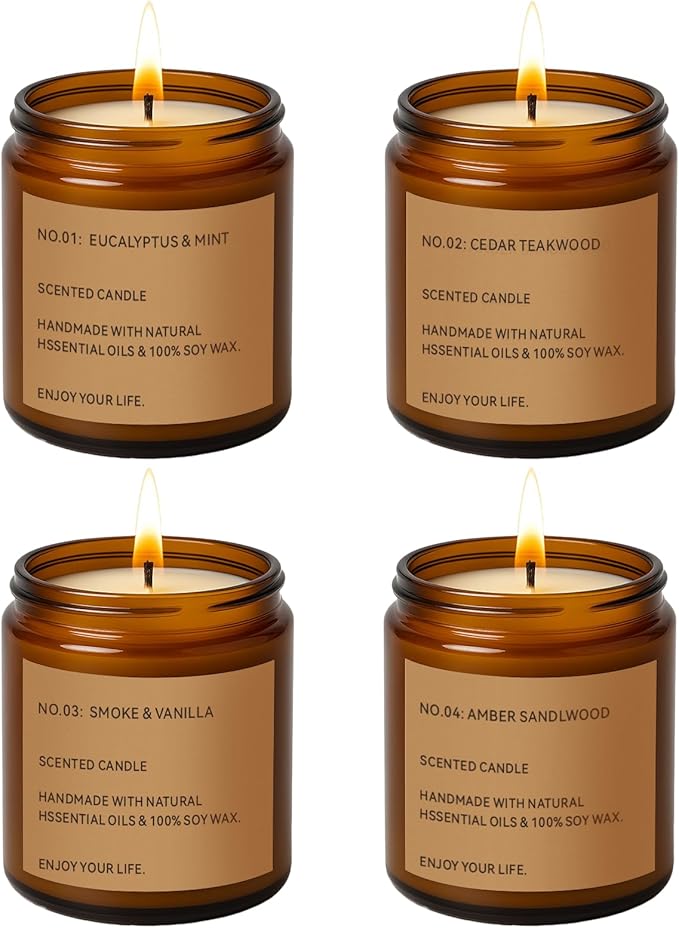 Scented Candle Gift Set, 4 Pack 25oz Soy Wax Candles, Long Lasting Aromatherapy Candles for Home Scented, Ideal Gift for Women – Eucalyptus Mint, Cedar Sandalwood, Smoked Vanilla, Amber Sandalwood