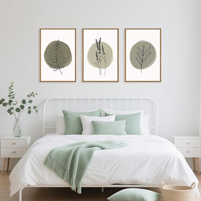 HOURIA Sage Green Leaves Framed Canvas Wall Art Set,Minimalism Boho Leaf Wall Decor, Modern Nature Botanical Wall Painting,Mid Century Plant Art Prints for Living Room,Bedroom,Farmhouse-16 x24 x3