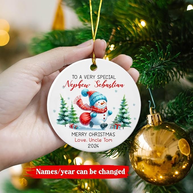 Personalized Special Nephew Snowman Ceramic Christmas Ornament 2025, Custom Year & Names Snowman Ornament Xmas Tree