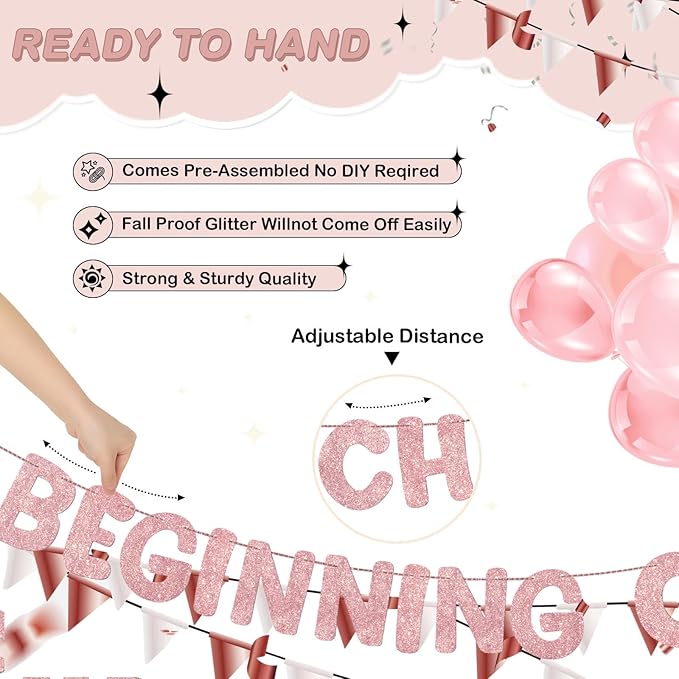Fulmoon Pre Strung the Beginning of a New Chapter Banner, Glitter Graduation Party Decorations, Happy Retirement Supplies, Going Away Farewell New Home Job Change Party Sign Garland(Rose Gold)