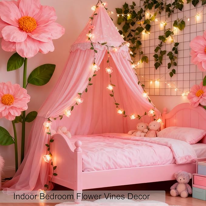 Decorative Fairy Vine Flower String Lights With Leaf, USB Plug In 16.5ft 50 LED Pink Cherry Blossom Garland Spring Decorations for Bedroom Wall Wedding Birthday Christmas Hanging Decor (Warm White)