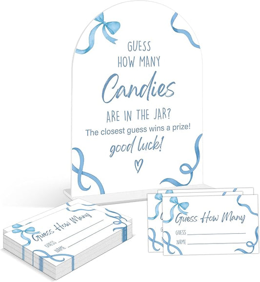 Baby Shower Games - Blue Bow Guess How Many Candies Are in the Jar Game, 1 Arch Acrylic Sign and 50 Guessing Cards, Gender Reveal Game, Blue Baby Shower Decoration Supplies (DT02)