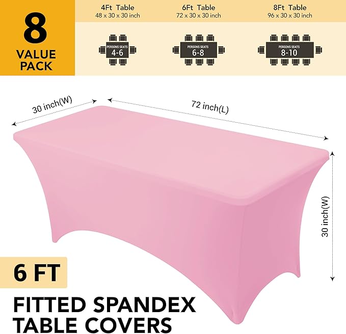 8-Pack Premium Pink Spandex Tablecloths for 6ft Rectangle Tables, Stain & Wrinkle-Resistant, Washable Stretch Polyester Fitted Table Cover for Weddings, Banquets, Trade Shows Events