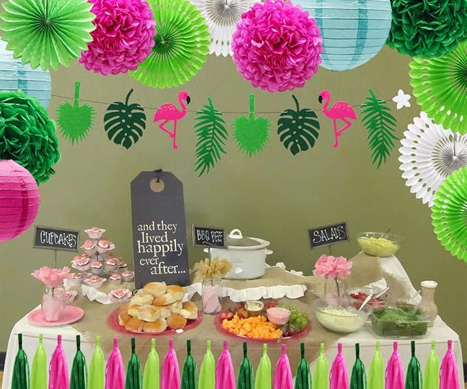 ADLKGG Tropical Flamingo Palm Leaf Banner Party Decorations, Hanging Paper Fans Paper Lanterns Pom Poms Flowers Tissue Tassels for Birthday Baby Shower Summer Hawaiian Party Bachelorette
