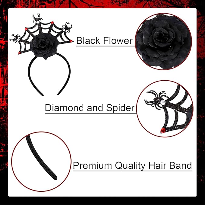 Halloween Headbands, Black Spider Web Hairband Halloween Accessories for Cosplay Woman Man (Flower Red)