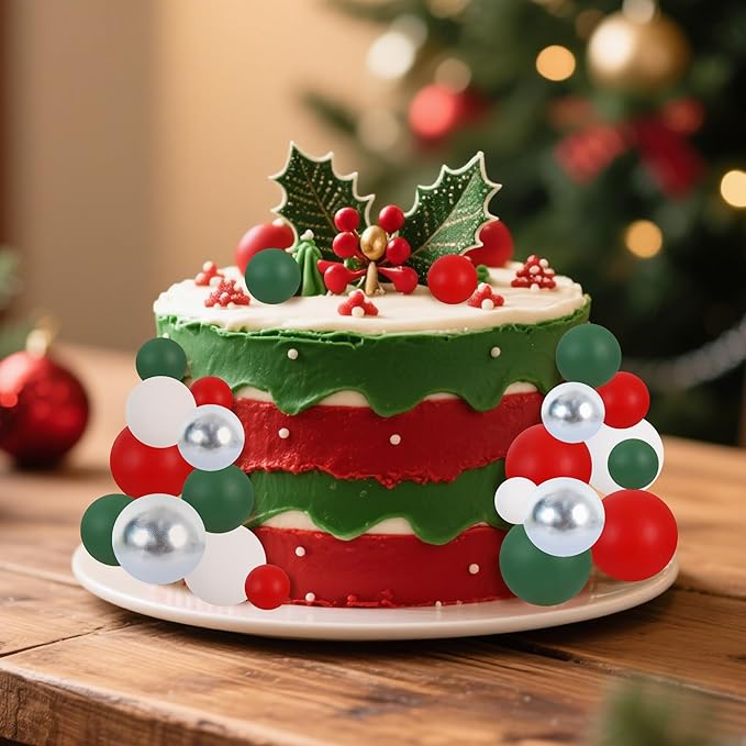 BEISHIDA 40 Pcs Ball Cake Toppers Red Green White Silver Sticks Foam Balls DIY Cake Topper Insert Balls Cake Decorations for Baking Christmas Party Decorations(Red, Green, White, Silver)