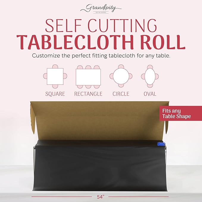 Grandipity Plastic Tablecloth Roll - 54in x 100 Ft. Black Plastic Table Cloths for Parties Disposable with Cutter Box - Cut to Size Disposable Tablecloth Table Cover for Rectangle & Round