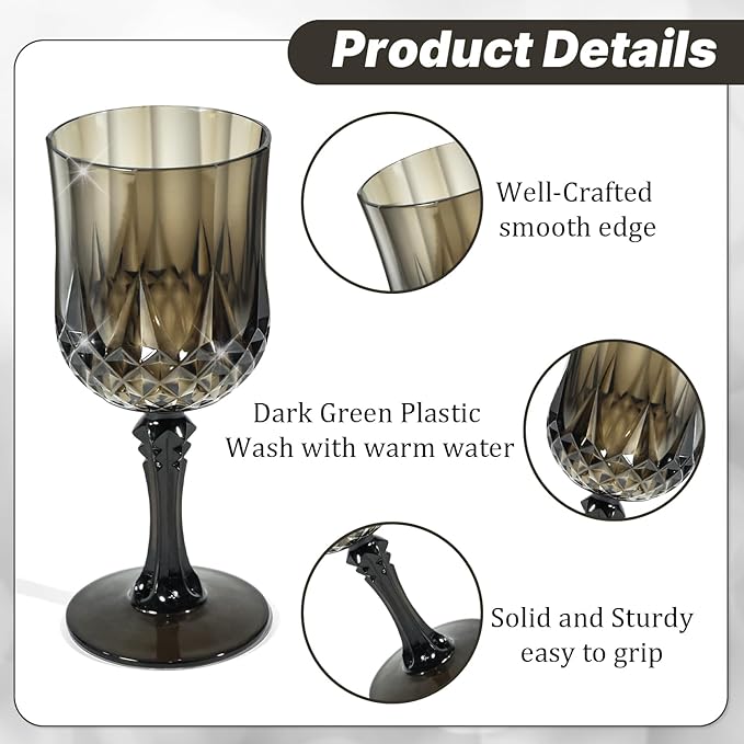 12 Pcs Black Wine Glasses, Plastic Goblets Vintage Style Cordial Drinking Glasses, Vintage Black Drinking Glasses Champagne Glassware for Wedding Reception Grand Event Party, 7Oz