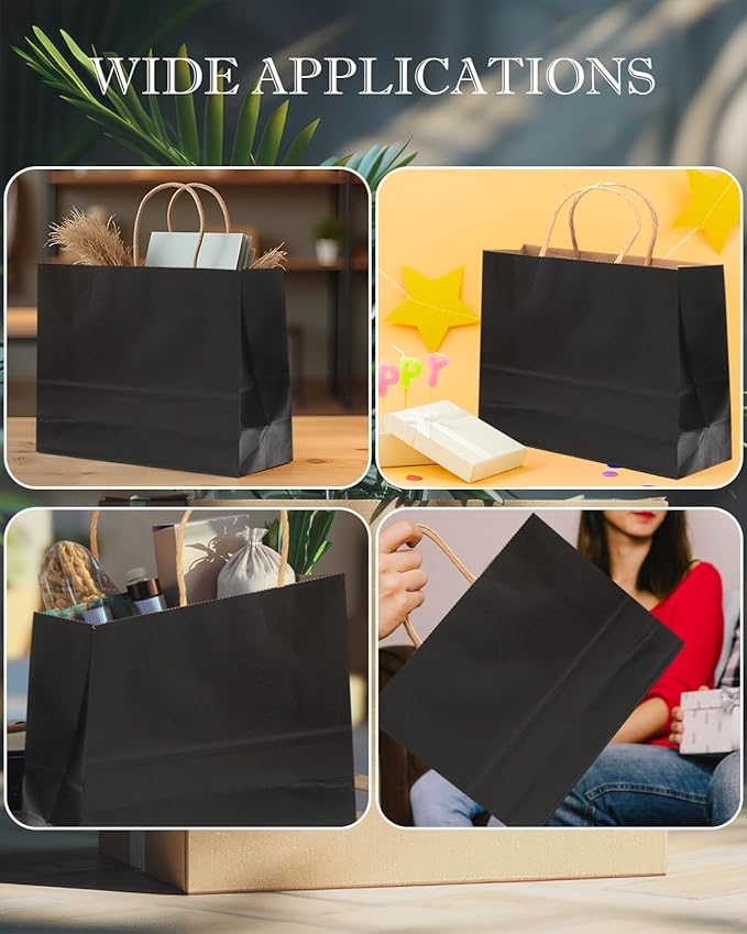 qiqee 13"x4.5"x10" Large Gift Bag with Handles Bulk 100PCS Gift Paper Bags Black Bags Multiple Uses (Wide Large)