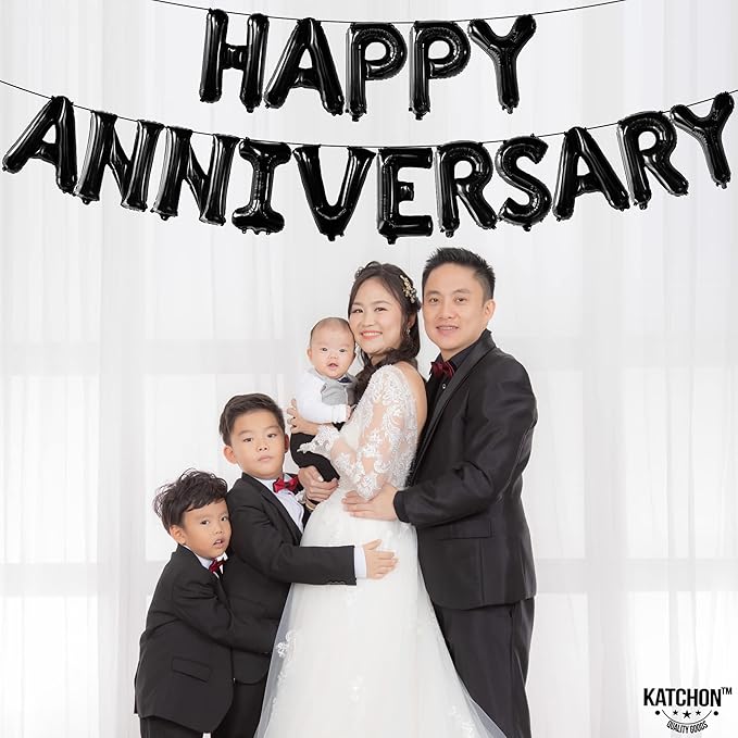 KatchOn, Happy Anniversary Balloons Black - 16 Inch | Black Happy Anniversary Banner Decorations | Backdrop | Balloon Banner