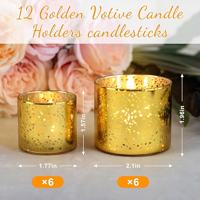 12-Piece Gold Candle Holders, Speckled Mercury Gold Votive Candle Holders, Two Models, Suitable for Wedding Table Centerpieces, Party Decorations and Home Decor