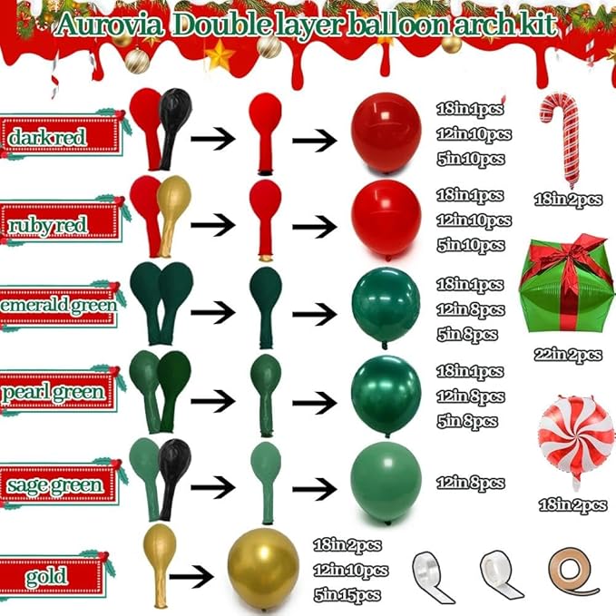 Green and Red Christmas Balloons Double Stuffed Pearl Dark Red Green Gold Balloon Garland Arch Kit Candy Cane Box Balloons for Happy Christmas Holiday New Year Birthday Party Decorations