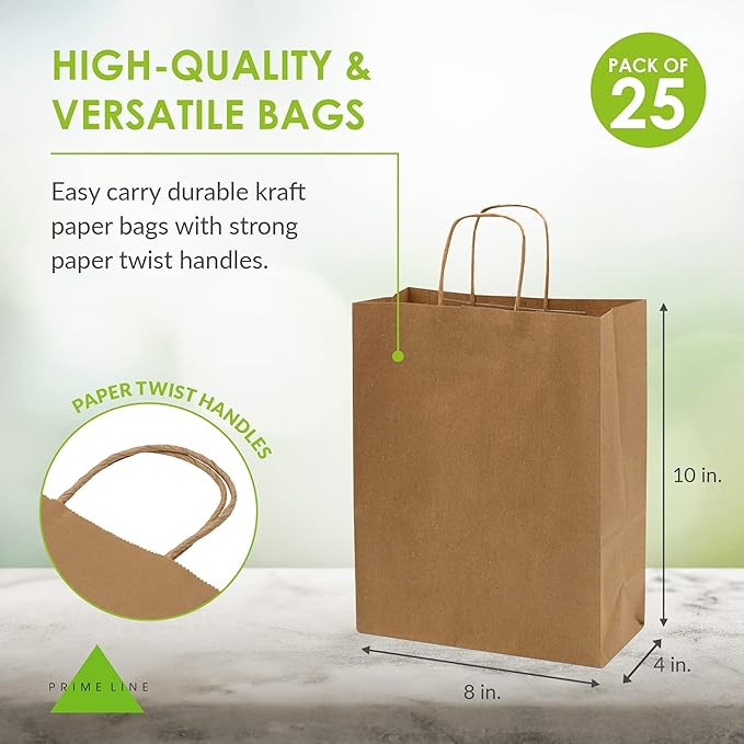 Prime Line Packaging Brown Paper Bags, Kraft Gift Bags with Handles for Small Business, Shopping, Retail, Boutique, Holidays, Party, Bulk, 8x4x10, 25 Pack