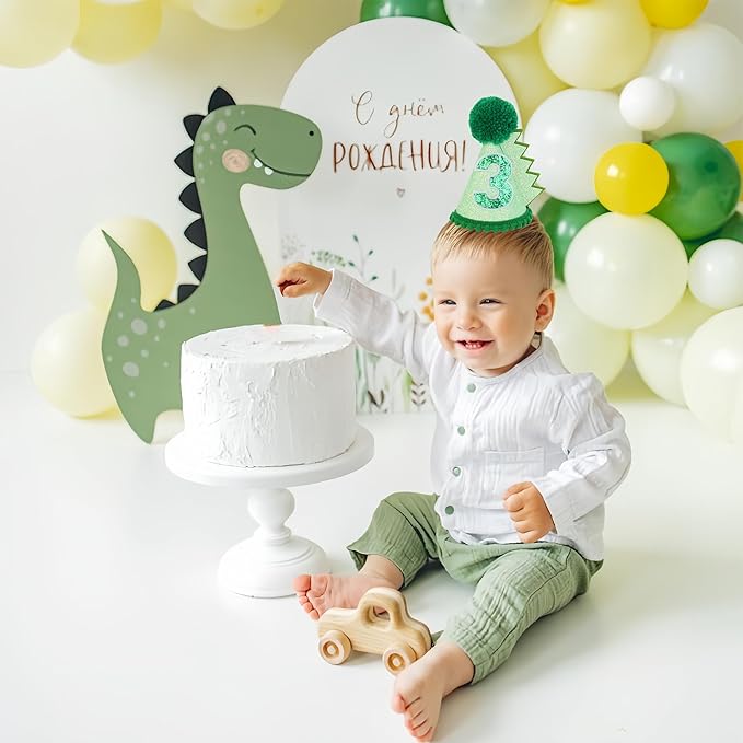 Green Glitter Dinosaur Birthday Cone Hat for 1-5 Years Old Kids Boys Dino Dinousour Birthday Hat Party Decoration