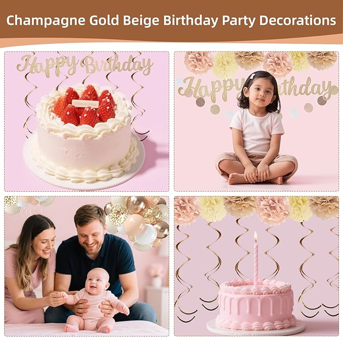 Champagne-Gold Beige Fall Birthday Party Decorations for Women Girls, Autumn Nude Neutral Boho Balloons Decor, Happy Banner, Hanging Swirls Tissue Pom Poms Retro Backdrop Supplies