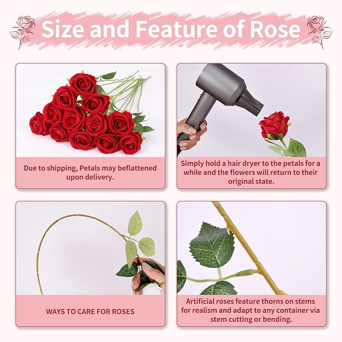 52 PCS Red Artificial Roses Bulk, Fake Artificial Flowers Bridal Bouquet Silk Faux Rose with Stems for Wedding Flowers Decoration, Valentine's Day, Bridal Bouquet, Anniversary, Home Decor (52PCS)