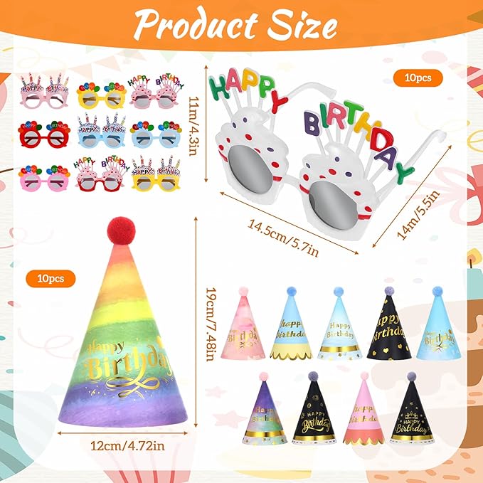 20 Pcs Birthday Party Hats and Sunglasses Set, Happy Birthday Cone Hats & Sunglasses Rainbow Party Cone Hat with Pom Poms for Adults & Kids Photo Props Parties Decor Favors Supplies