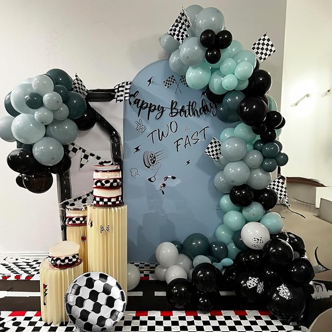 Race Car Balloons Garland Arch Kit, Dusty Blue Balloons Green Black Balloon Pale Blue Metallic Silver Balloon Arch Kit with Checkered Foil Balloon for Car Fast Birthday Baby Shower Party Decorations