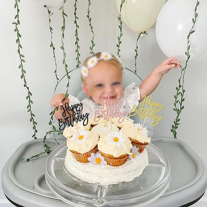 24 PCS Happy Birthday Cupcake Toppers Glitter Happy Birthday Cupcake Picks for Celebrating Anniversary Theme Party Cake Decorations Supplies Gold Black Rose Gold