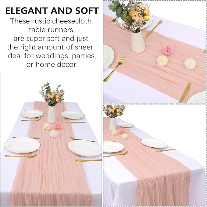 6 Pack Blush Pink Cheesecloth Table Runner 10FT Boho Gauze Fabric Table Runner 35 x 120 Inch Rustic Sheer Runner for Centerpiece Wedding Birthday Baby Shower Party Table Decoration