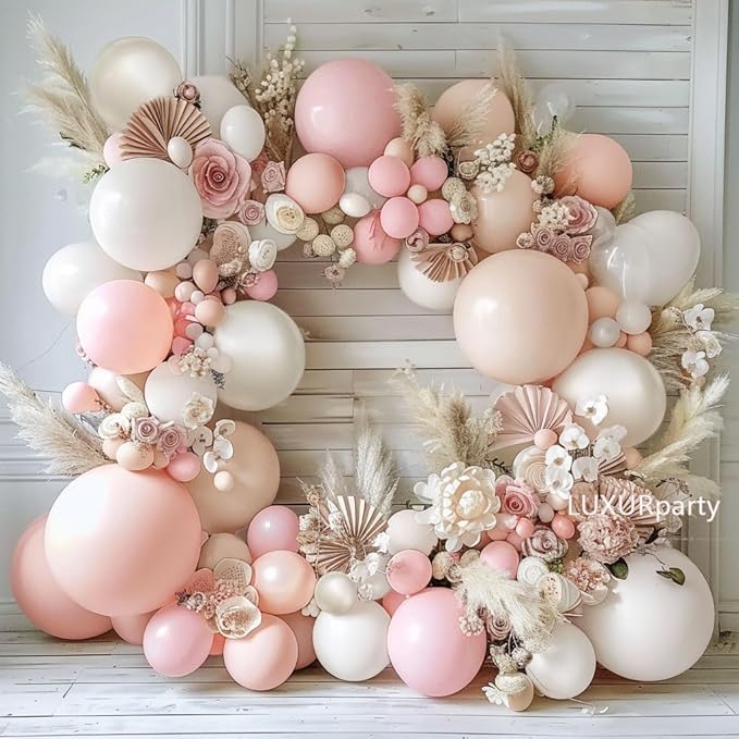 Pink White Balloon Garland Double Stuffed Pink Beige Cream Peach Pastel Balloon Arch Kit Pearl Sand White Balloons for Girl Baby Shower Birthday Wedding Anniversary Party Decoration