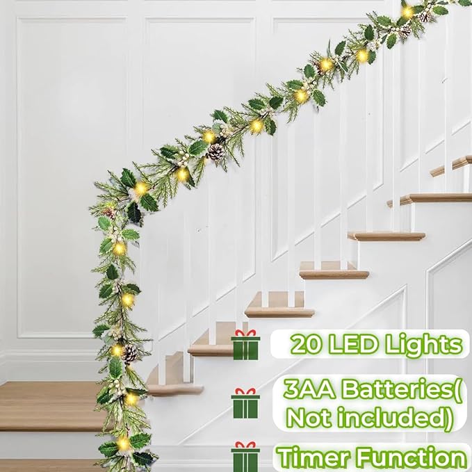 6FT Holly Berry Garland, Lighted Christmas Garland with Timer, Battery Operated Garland Christmas for Staircase Winter New Year Door Decorations