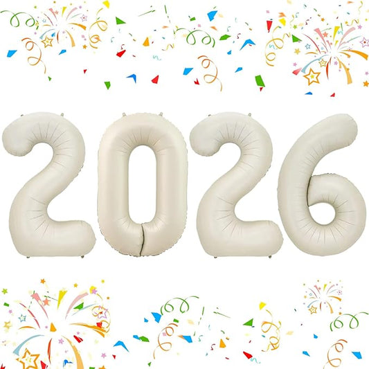 KALOR 42 Inch 2026 Cream White Foil Mylar Number Balloons, Giant 2026 New Years Decorations for 2026 Happy New Year Eve and Graduations Party Supplies