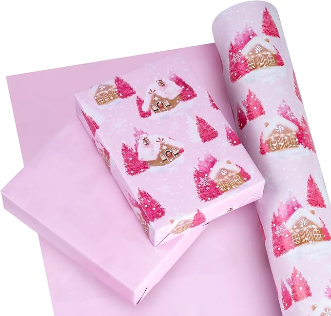 WRAPAHOLIC 30 Inch Jumbo Reversible Christmas Wrapping Paper - 30 Inch x 100 Feet Jumbo Roll Pink Gingerbread House and Solid Pink Wrapping Paper for Christmas, Holiday, Party Celebration