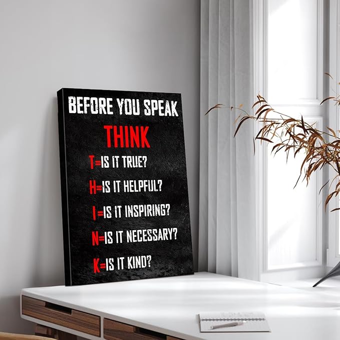 Think Before You Speak Motivational Wall Decor, Inspirational Wall Art for Office & Home, Positive Quotes Canvas Prints Ready to Hang, Uplifting Office Wall Art for Living Room or Bedroom