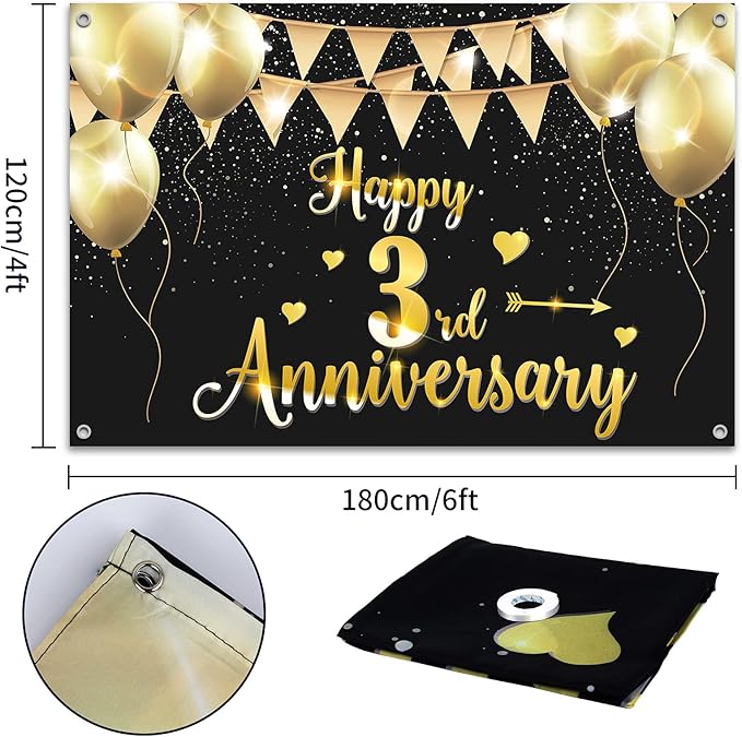 HAMIGAR 6x4ft Happy 3rd Anniversary Banner Backdrop - 3 Wedding Anniversary Decorations Party Supplies - Black Gold